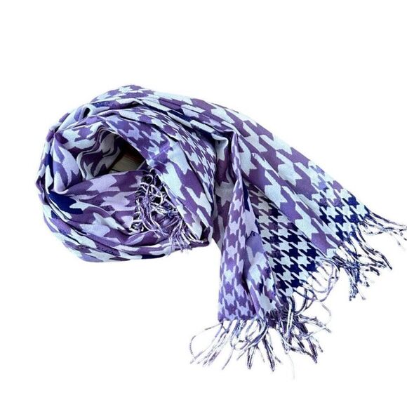Nordstrom Cashmere Blend Houndstooth Print Fringed Scarf or Wrap Purple OS NEW main image 0